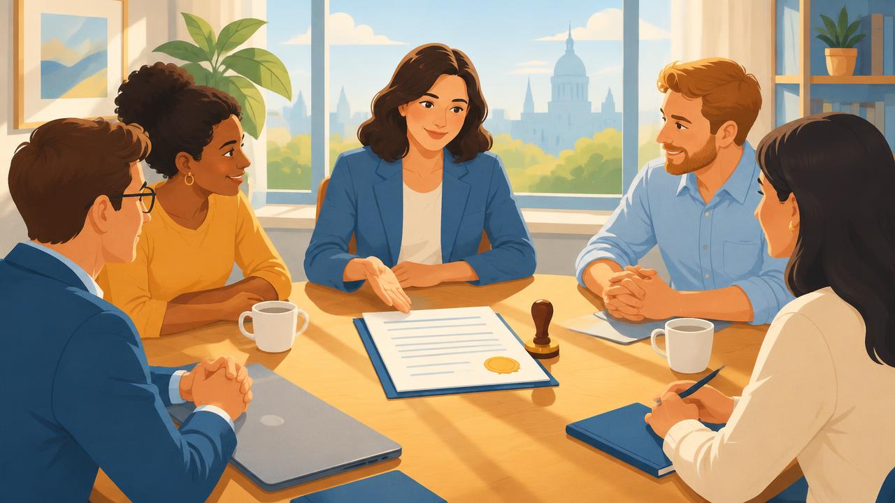a bright meeting room, a team around a table, an official document with a stamp in the middle